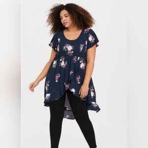 Torrid 1 Navy & Floral Baby Doll High Low Short Sleeve Blouse
